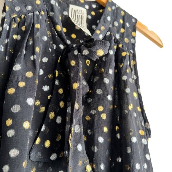 Free People Silk Geometric Gold and Silver Polka Dot Print Top - Black - Picture 6 of 7